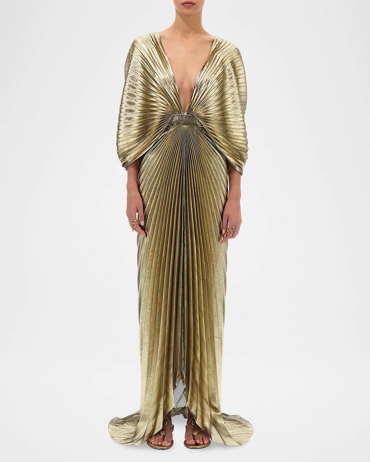Roberto Cavalli Plunging Pleated Lame Silk Backless Gown