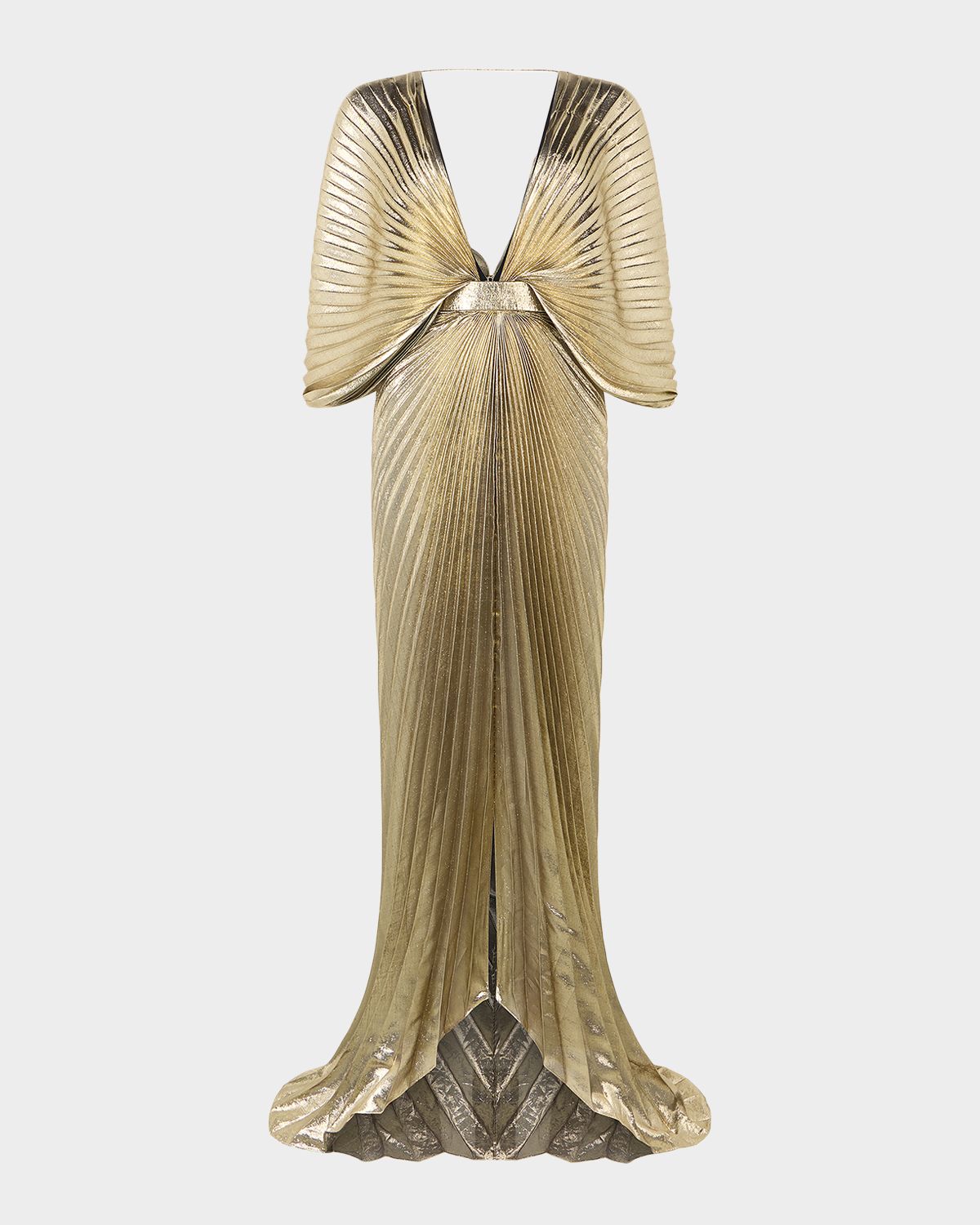 Roberto Cavalli Plunging Pleated Lame Silk Backless Gown