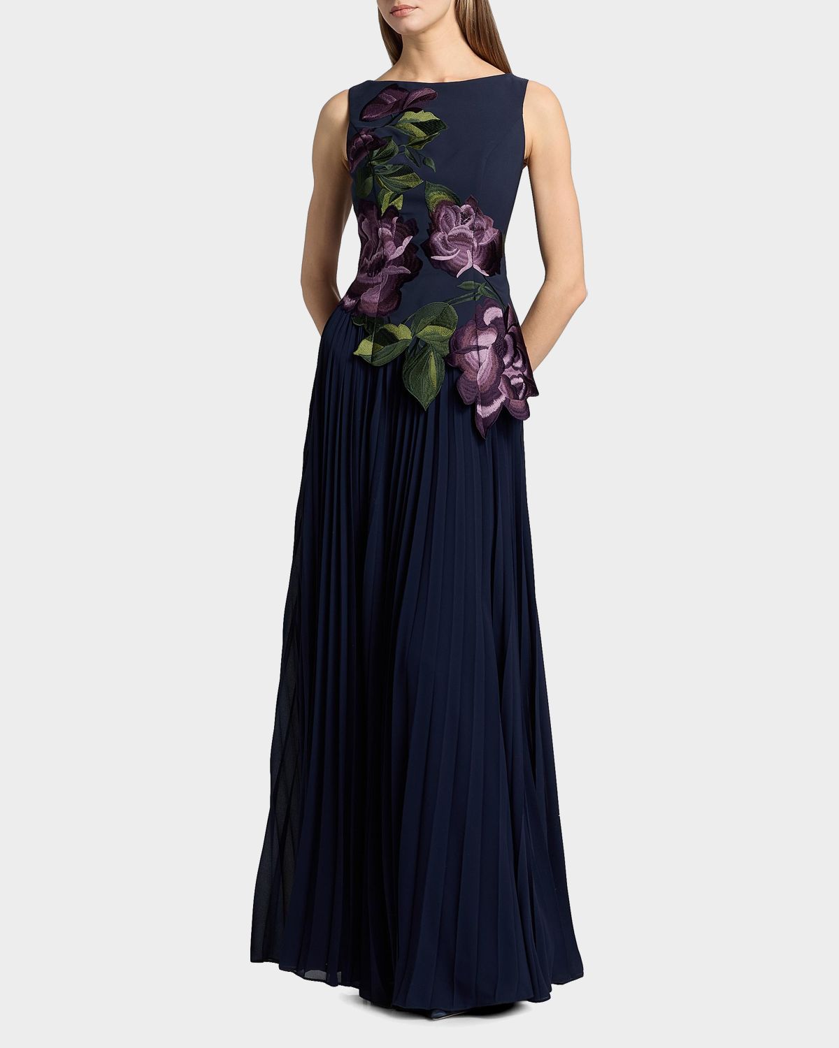 Kay Unger New York Jayla Floral-Embroidered Crepe & Chiffon Gown