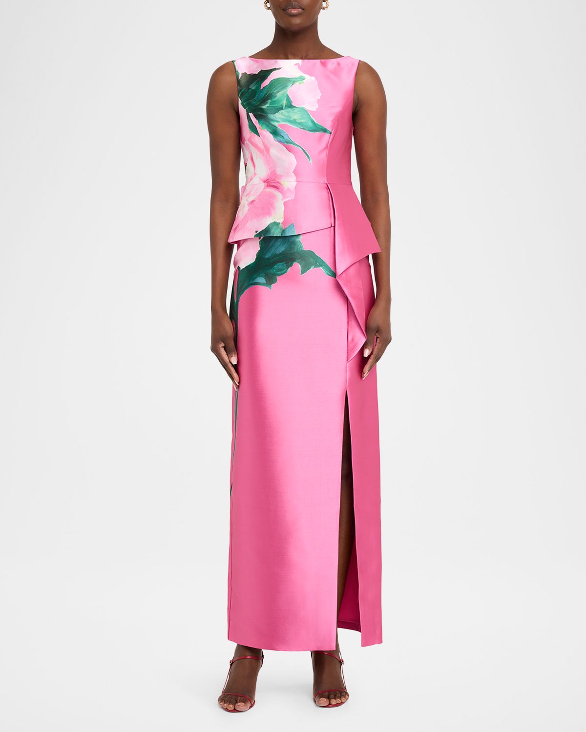 Kay Unger New York Luciana Floral-Print Mikado Column Gown