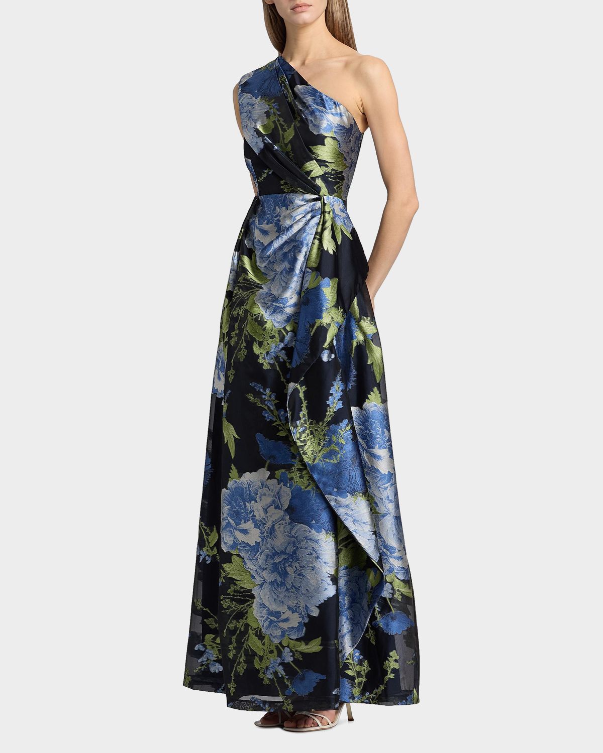 Kay Unger New York Daisy One-Shoulder Organza Jacquard Gown