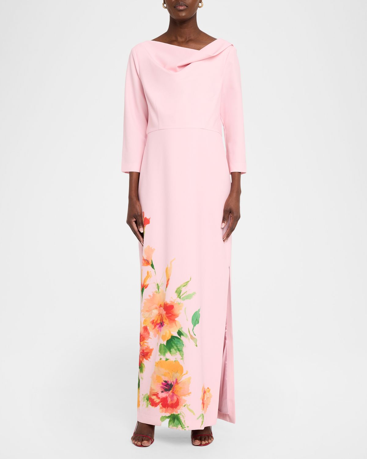 Kay Unger New York Magnolia Floral-Print Stretch Crepe Column Gown