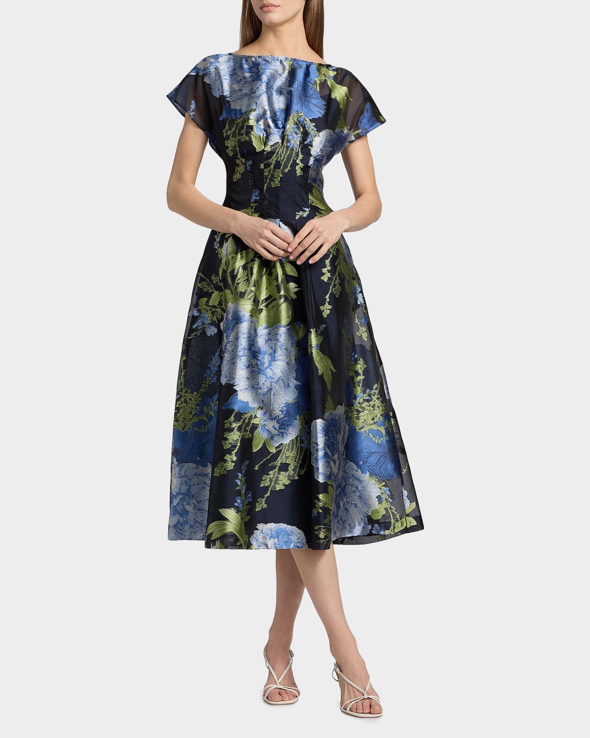 Kay Unger New York Florene Floral-Print Organza Jacquard Midi Dress