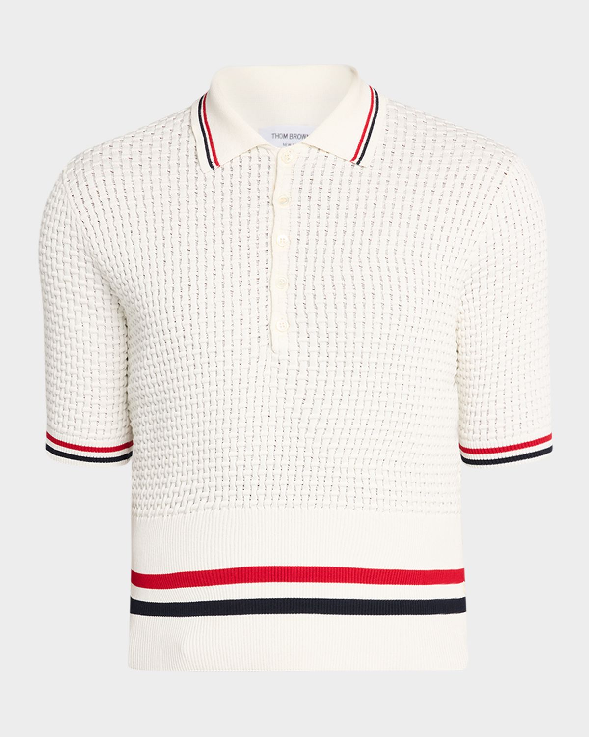 Thom Browne Men 's Float Ripple Stitch RWB Stripe Polo Shirt | Thumbnail 6 Thom Browne Men 's Float Ripple Stitch RWB Stripe Polo Shirt | Thumbnail 6
