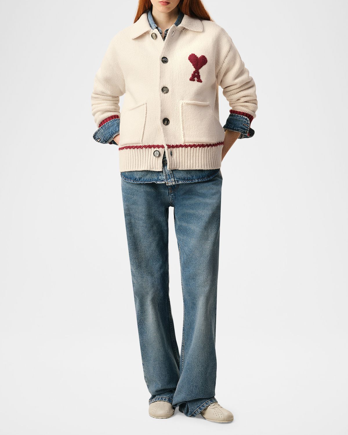 Ami Paris Ami De Coeur Embroidered Collared Cardigan