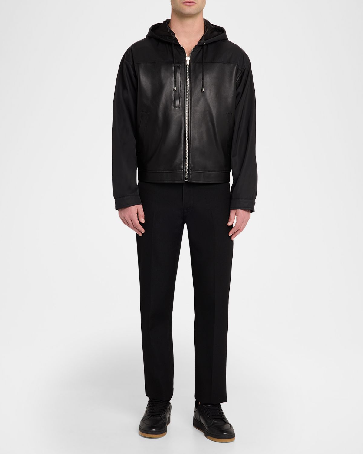 EZR Men 's Nylon and Leather Full-Zip Hoodie