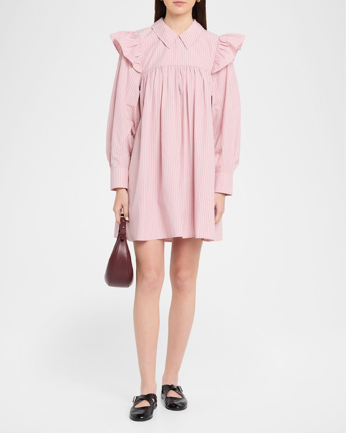 Ganni Oxford Stripe Long-Sleeve Mini Dress