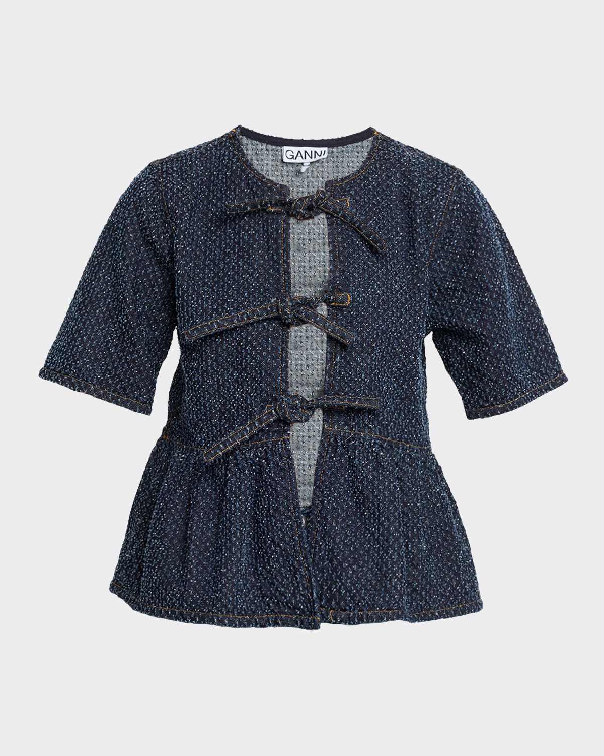 Ganni Tie-Front Tweed Denim Peplum Top