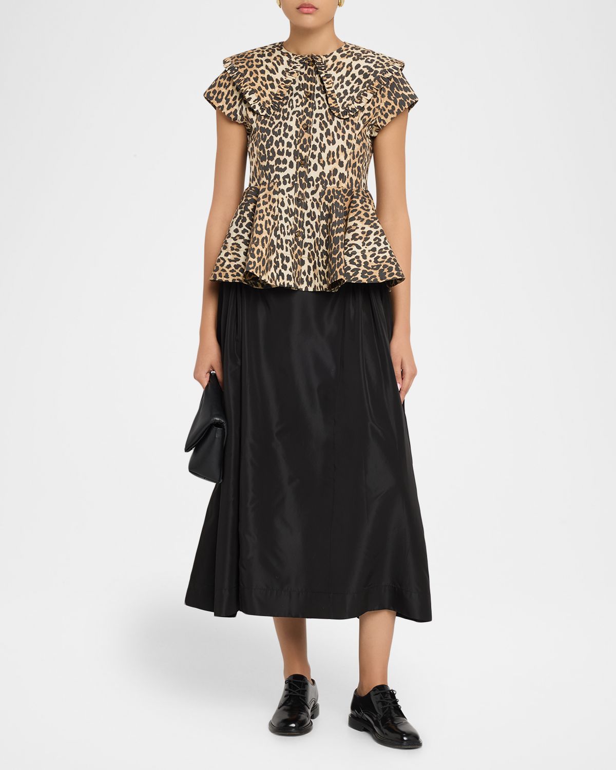Ganni Leopard-Print Stretch-Cotton Peplum Top