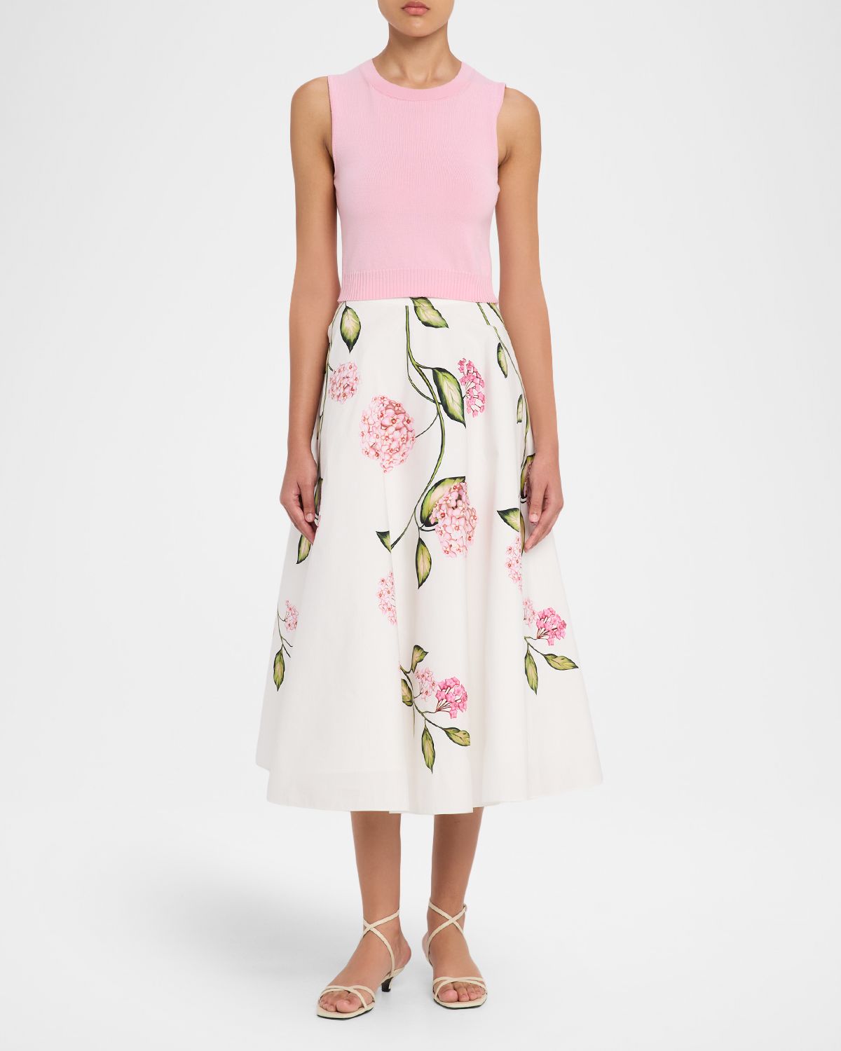 Oscar de la Renta Porcelain Flower Cotton Poplin Midi Skirt