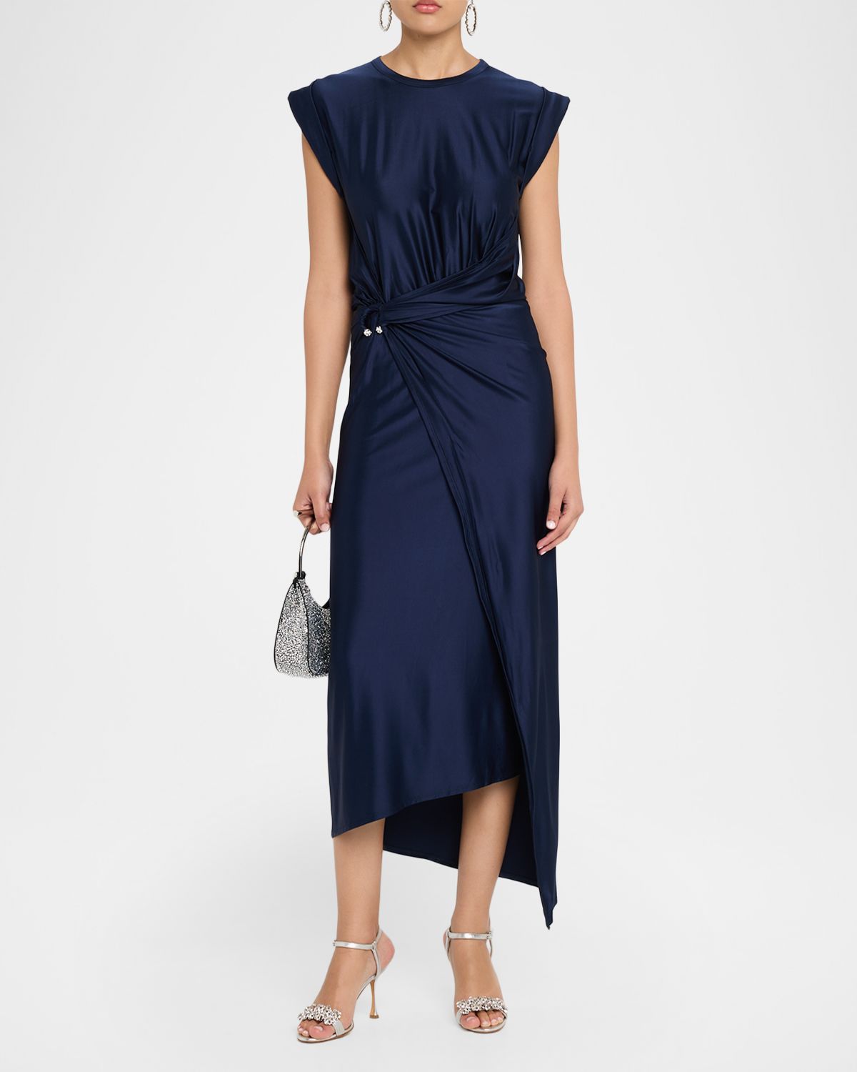 Rabanne Cap-Sleeve Pierced Draped Jersey Midi Dress