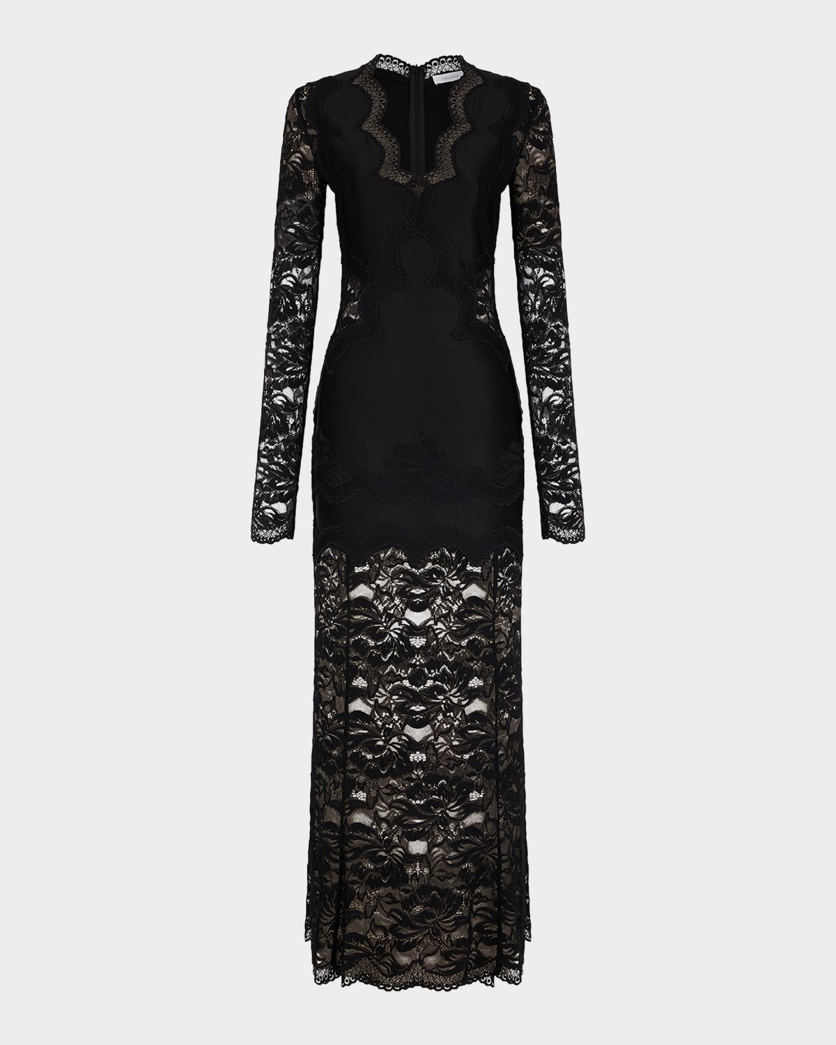 Rabanne Long-Sleeve Stretch Lace Jersey Maxi Dress