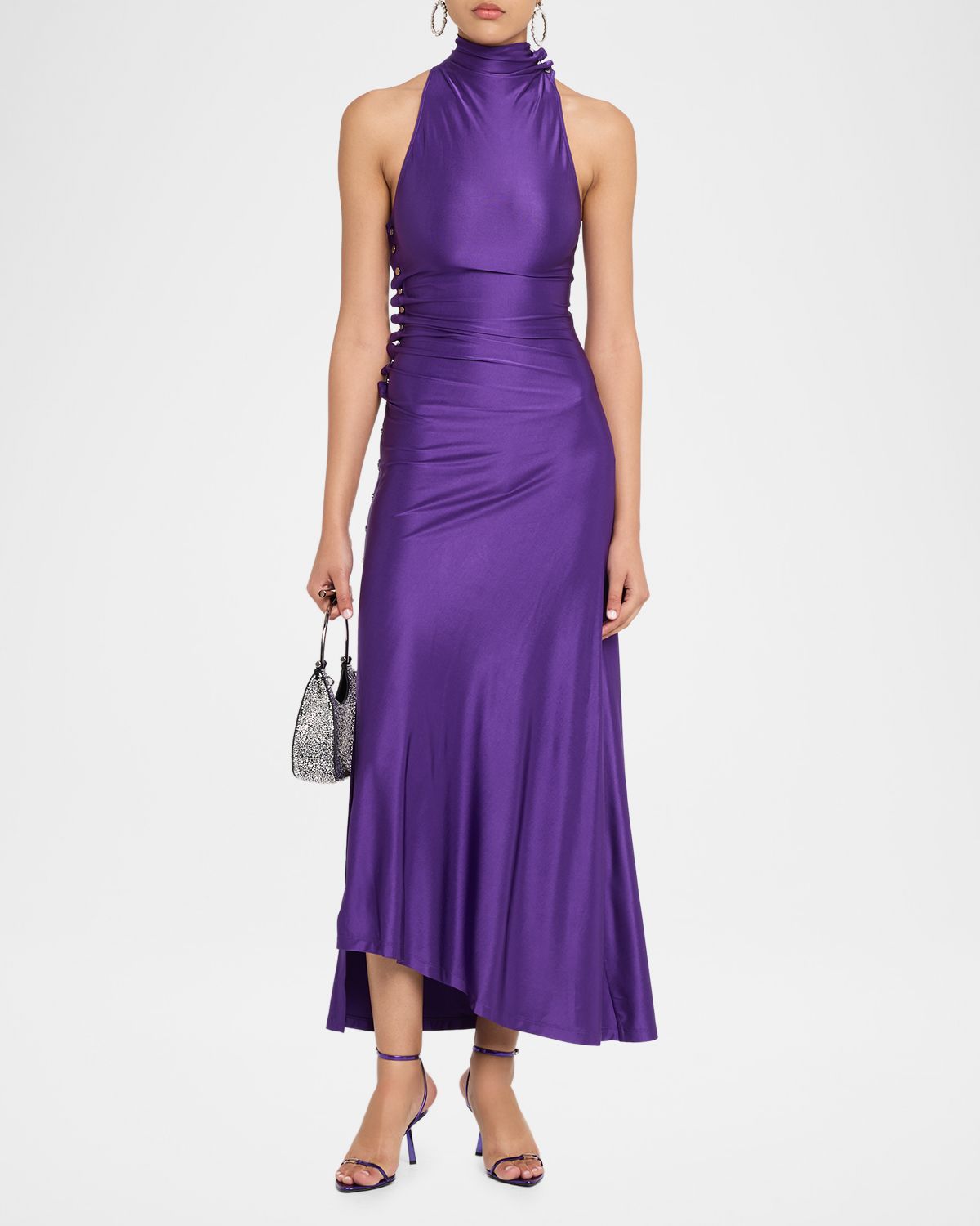 Rabanne Turtleneck Snap Draped Jersey Midi Dress