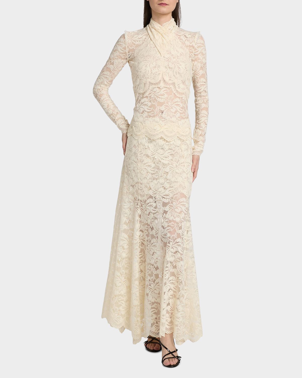 Rabanne Crisscross Mock-Neck Lace Long-Sleeve Top
