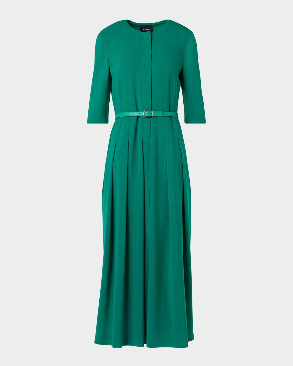 Akris Pleated Wool Belted Midi Dress