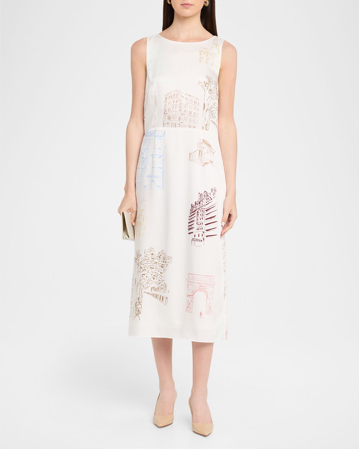 Lafayette 148 New York Sleeveless Manhattan-Print Midi Shift Dress