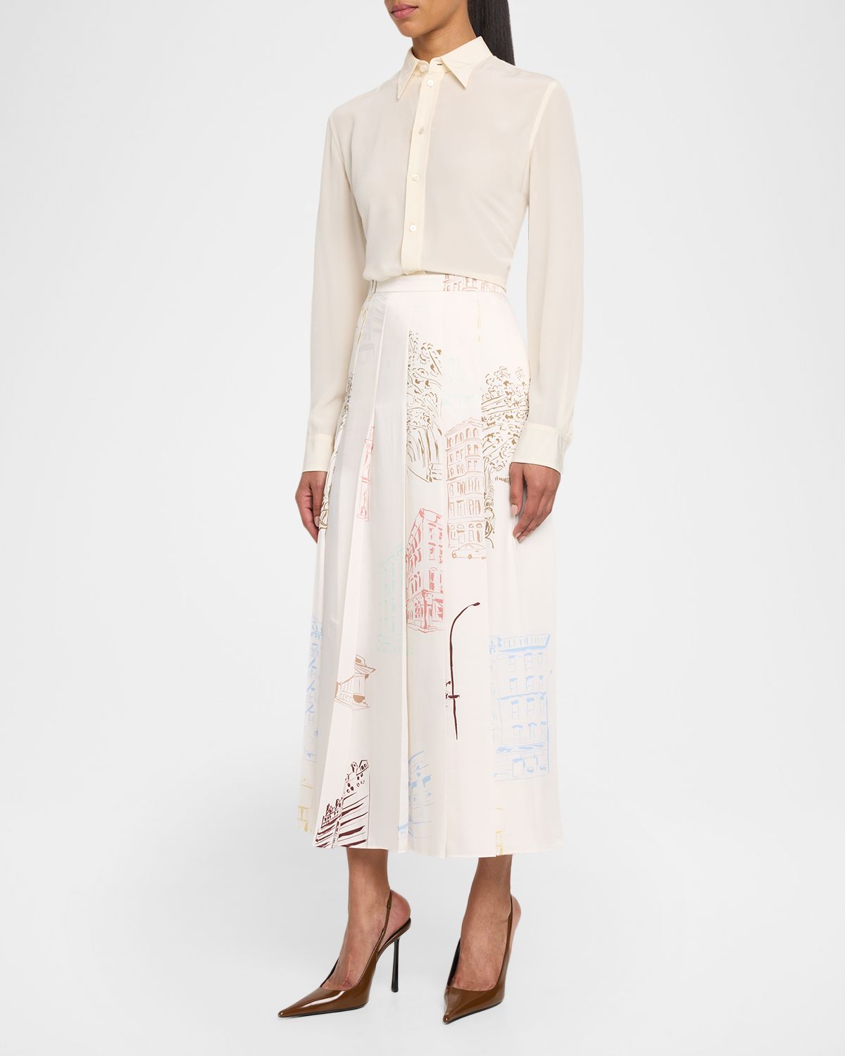 Lafayette 148 New York Pleated Manhattan-Print Fluid Twill Midi Skirt