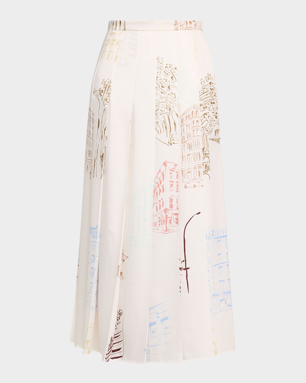 Lafayette 148 New York Pleated Manhattan-Print Fluid Twill Midi Skirt