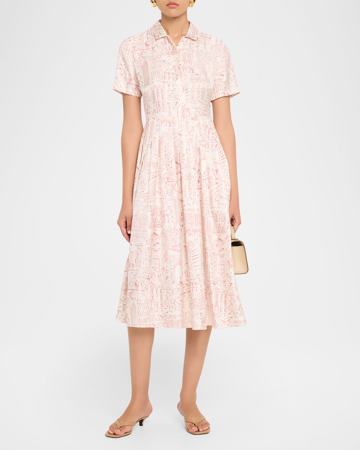 Lafayette 148 New York Pleated Landmarks-Print Silk Twill Midi Shirtdress