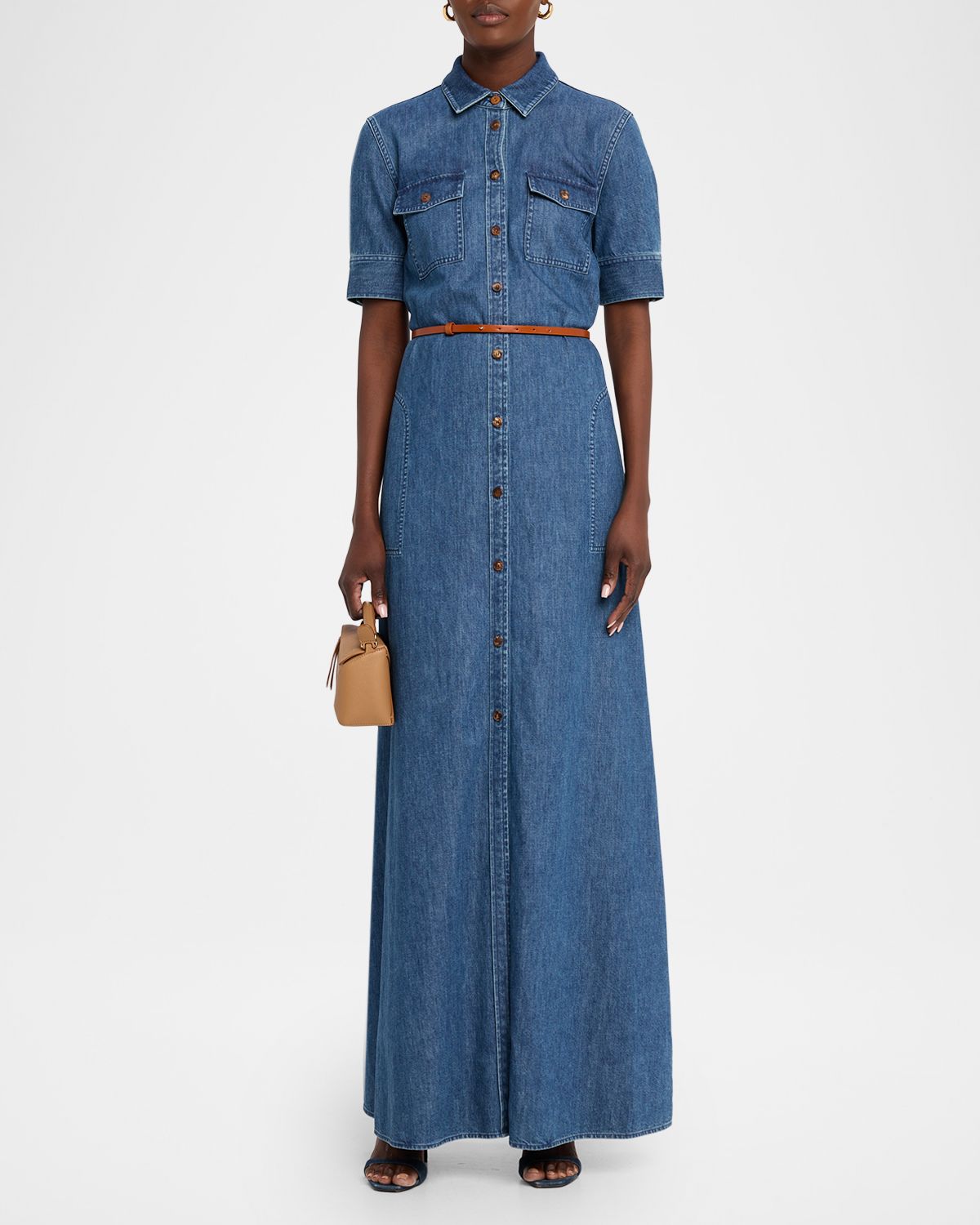 Lafayette 148 New York Belted Cotton Chambray Maxi Shirtdress