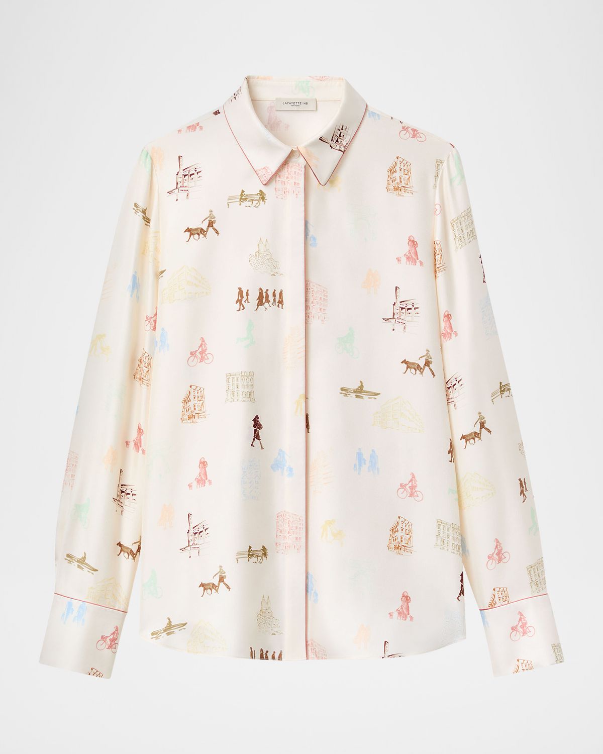 Lafayette 148 New York Scottie Manhattan-Print Silk Twill Blouse