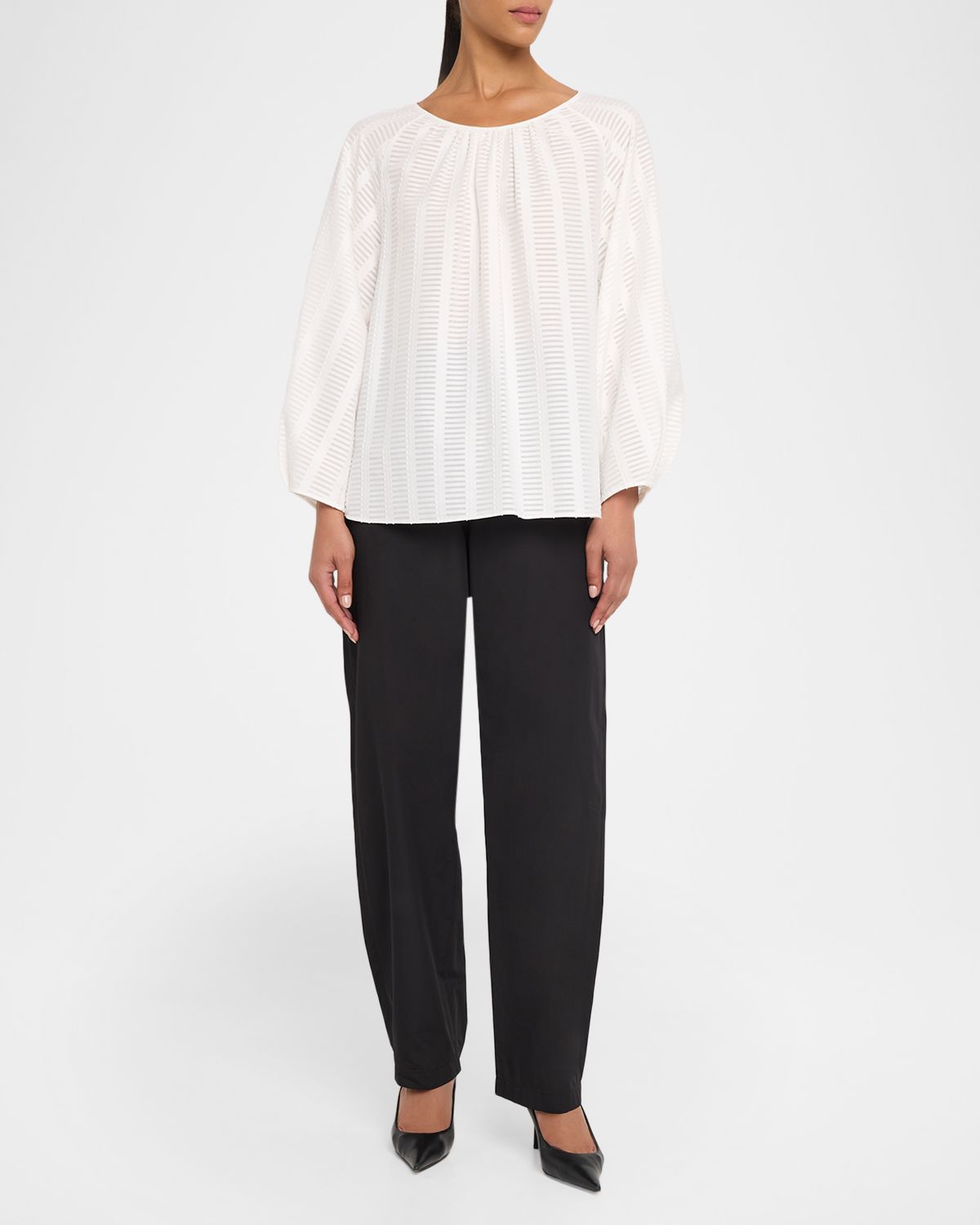 Lafayette 148 New York Blouson-Sleeve Sheer Striped Cotton Blouse