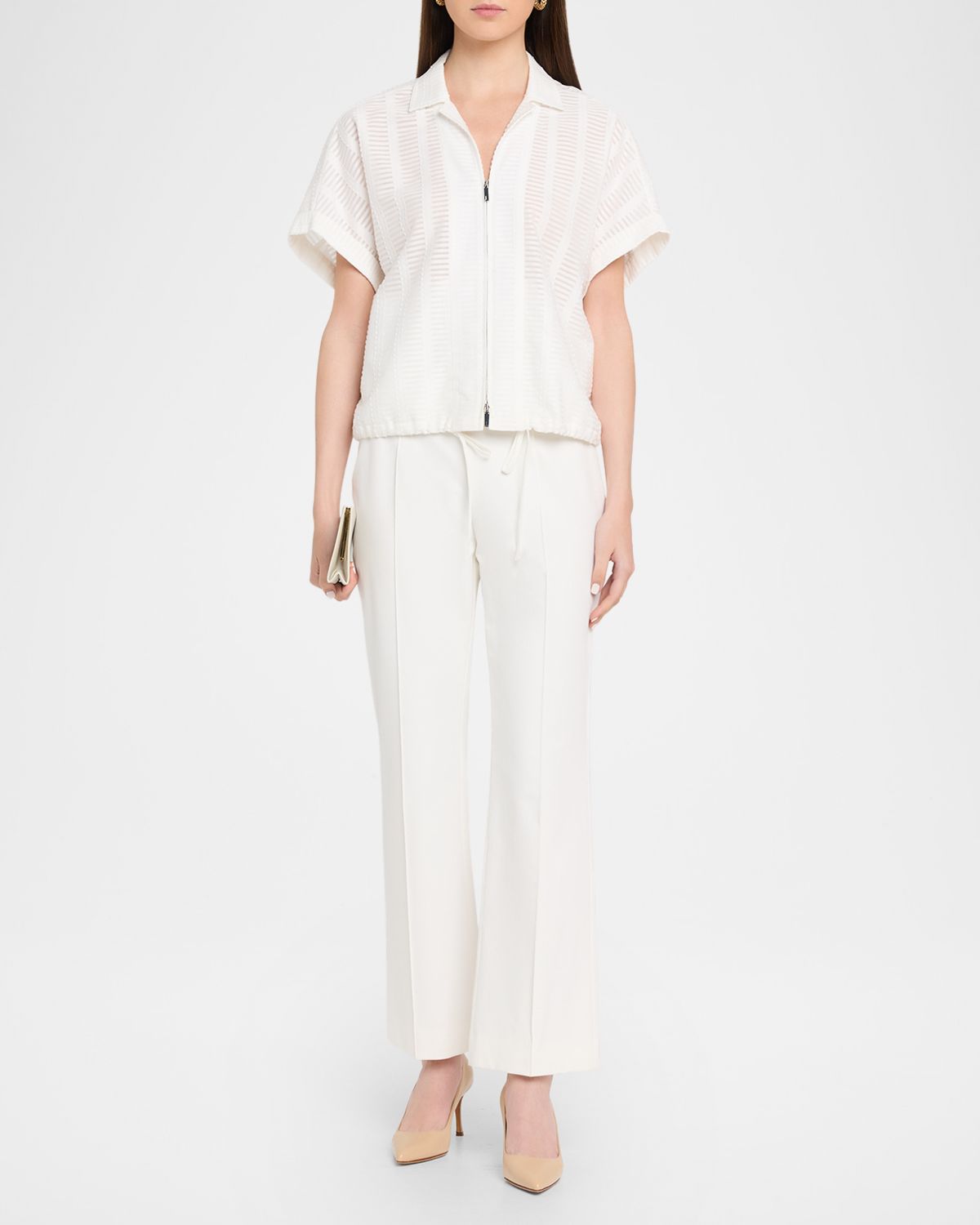 Lafayette 148 New York Zip-Front Sheer Striped Cotton Blouse