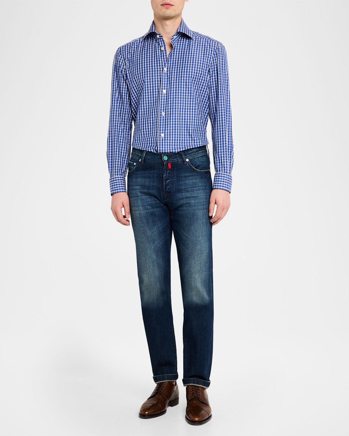 Kiton Men 's Windowpane Plaid Cotton Sport Shirt