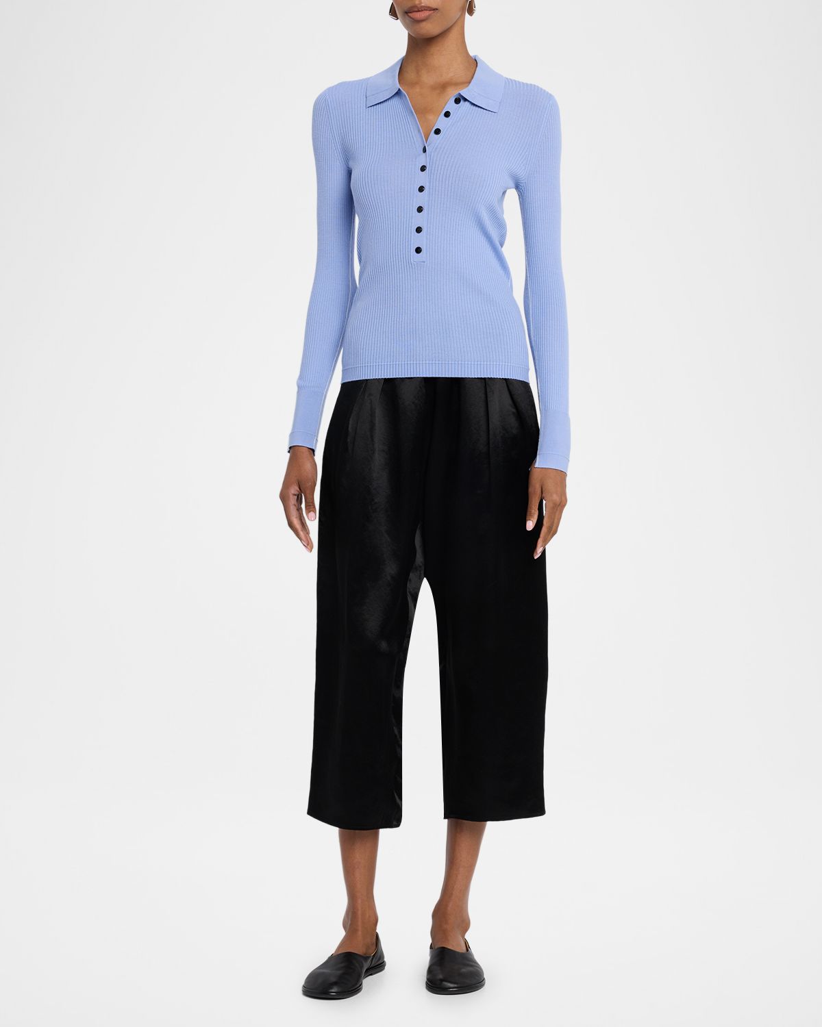 MARIA MCMANUS Tiny Button Long-Sleeve Rib Polo Sweater