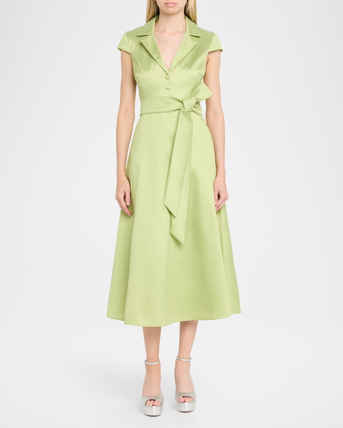 Badgley Mischka Belted Cap-Sleeve Pebble Gazar Midi Shirtdress