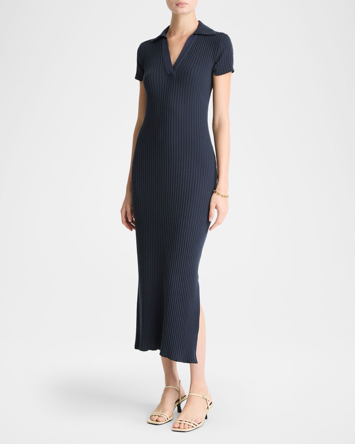 Vince Ribbed Short-Sleeve Polo Dress