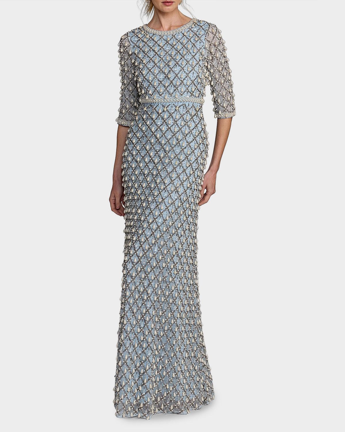 Mac Duggal Pearly-Embellished Beaded Mesh Gown