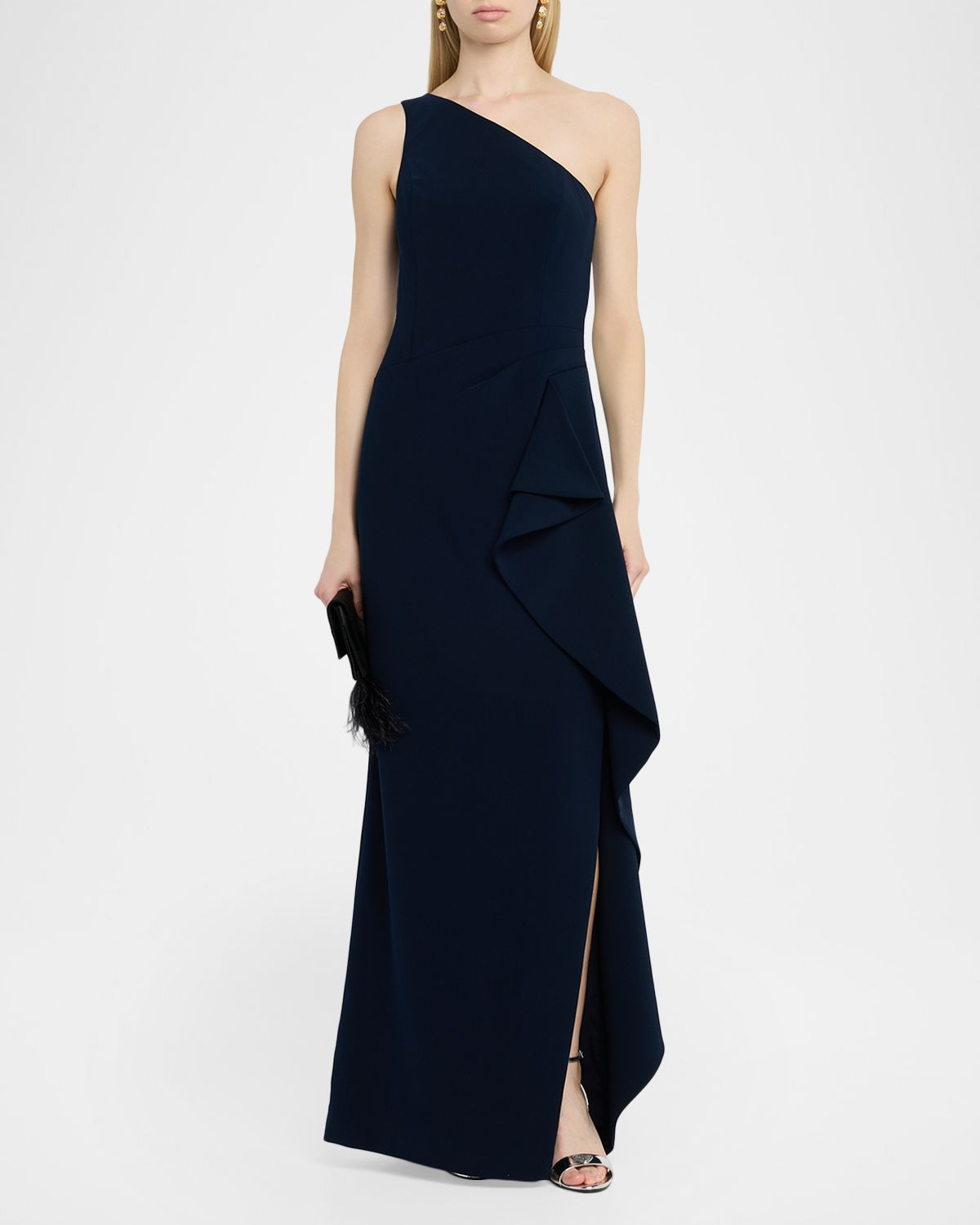 Rickie Freeman for Teri Jon One-Shoulder Ruffle Crepe Gown