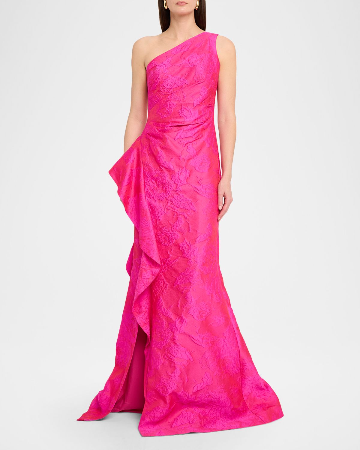 Rickie Freeman for Teri Jon Draped One-Shoulder Jacquard Mermaid Gown