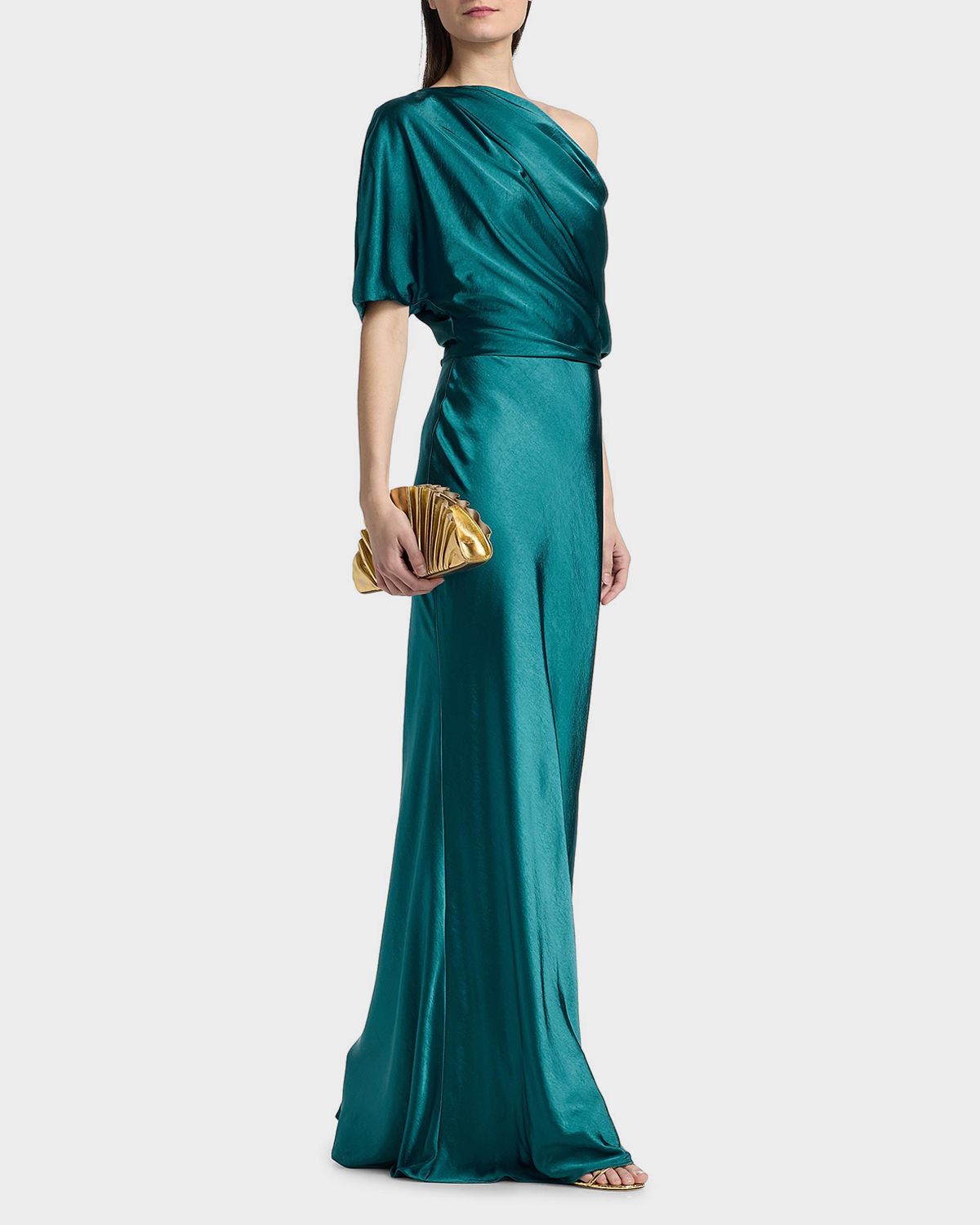 Amsale Draped Metallic Satin Faille One-Shoulder Gown