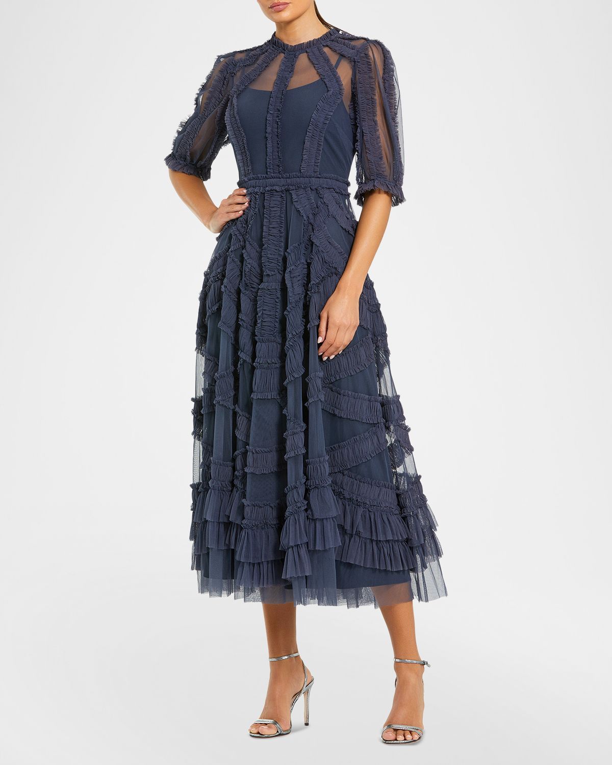 Mac Duggal Ruffle Tiered A-Line Midi Dress