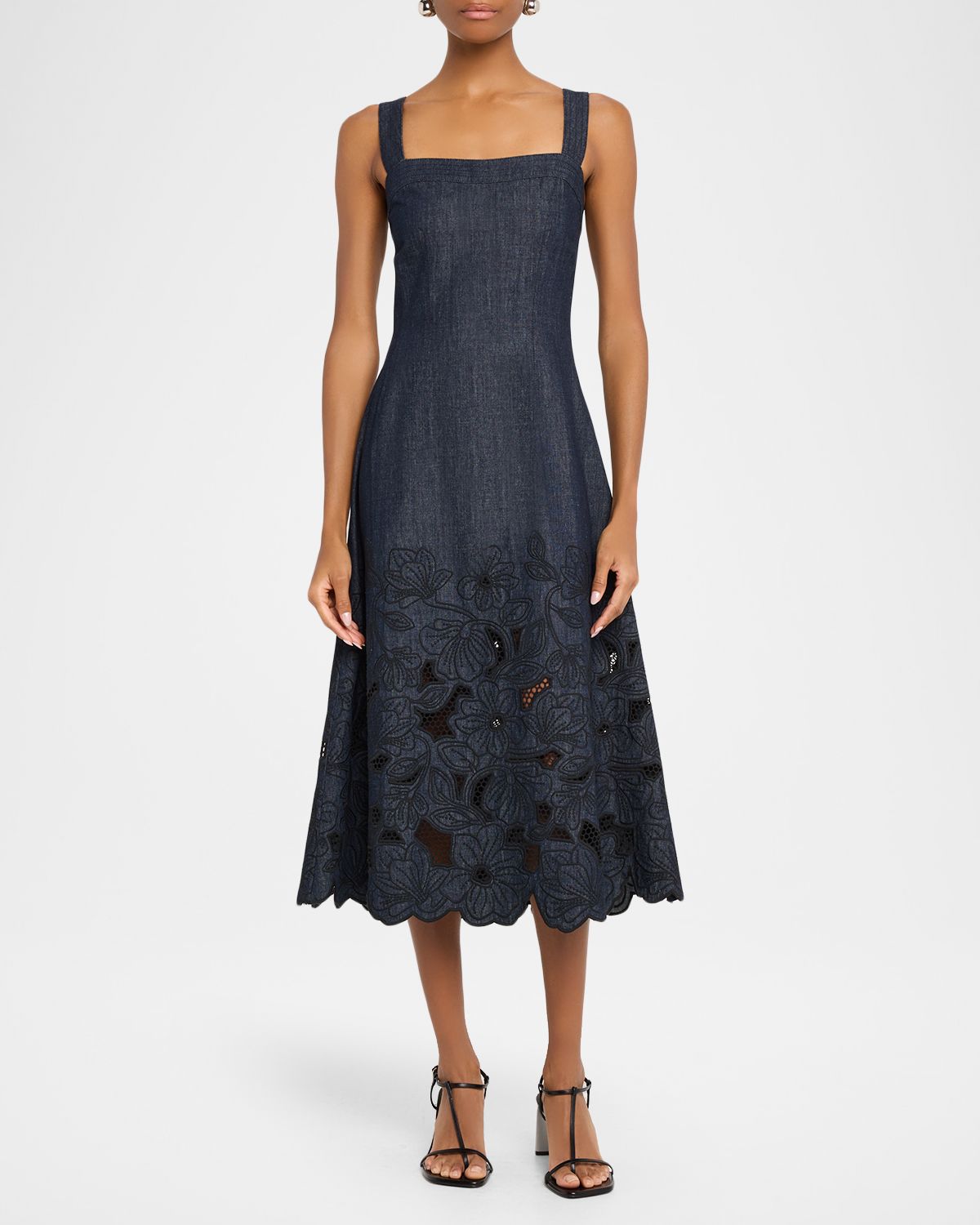 Veronica Beard Rosaura Floral-Embroidered Denim Midi Dress
