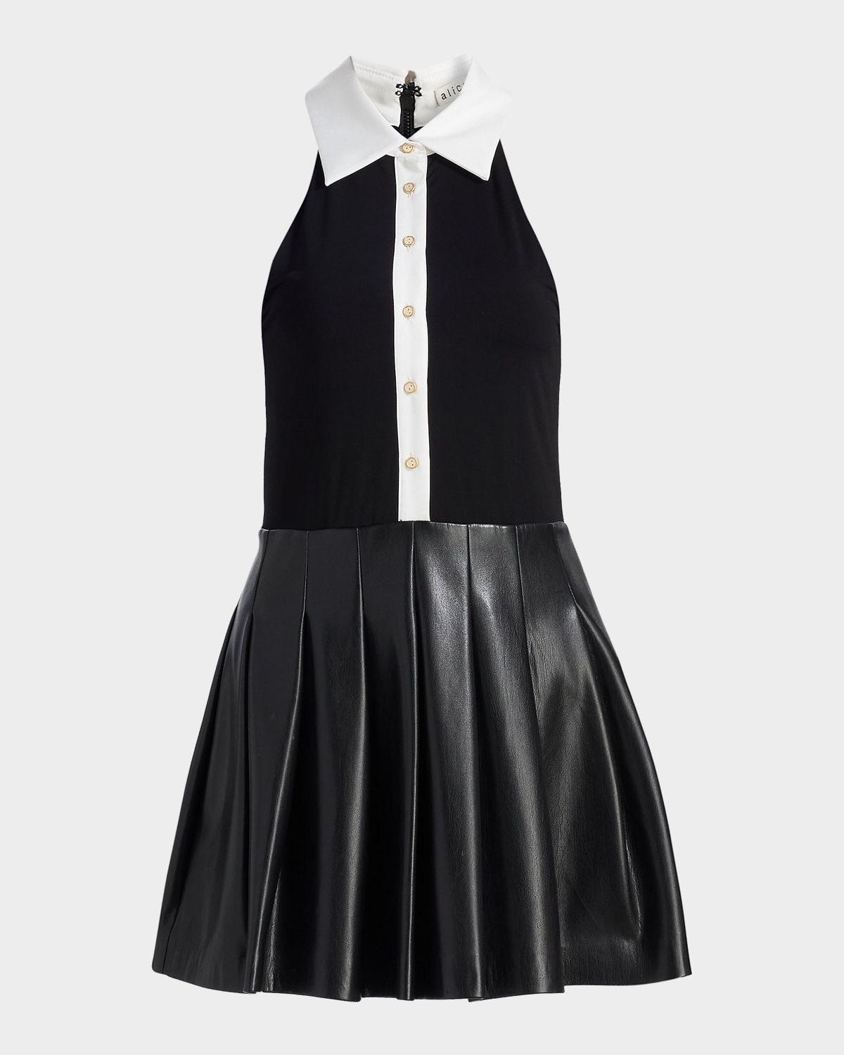 ALICE + OLIVIA Tate Vegan Leather Sleeveless Polo Mini Shirtdress