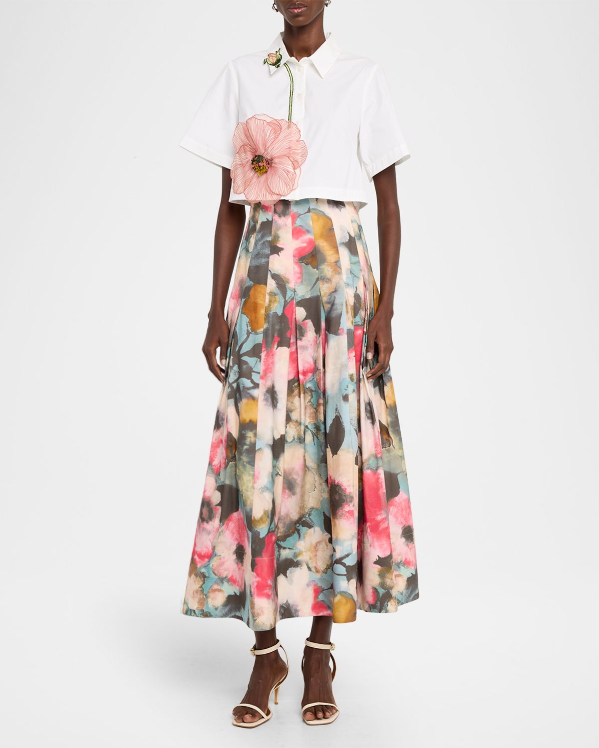 Lela Rose Floral Printed Cotton Midi Skirt