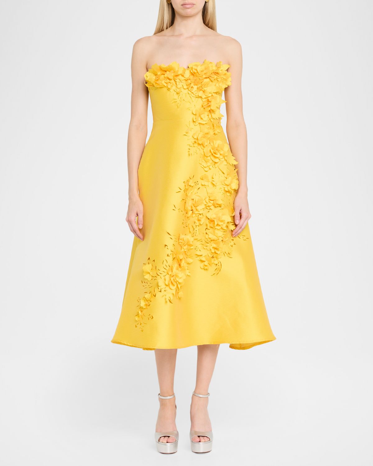 Badgley Mischka Strapless Floral Applique Gazar Midi Dress