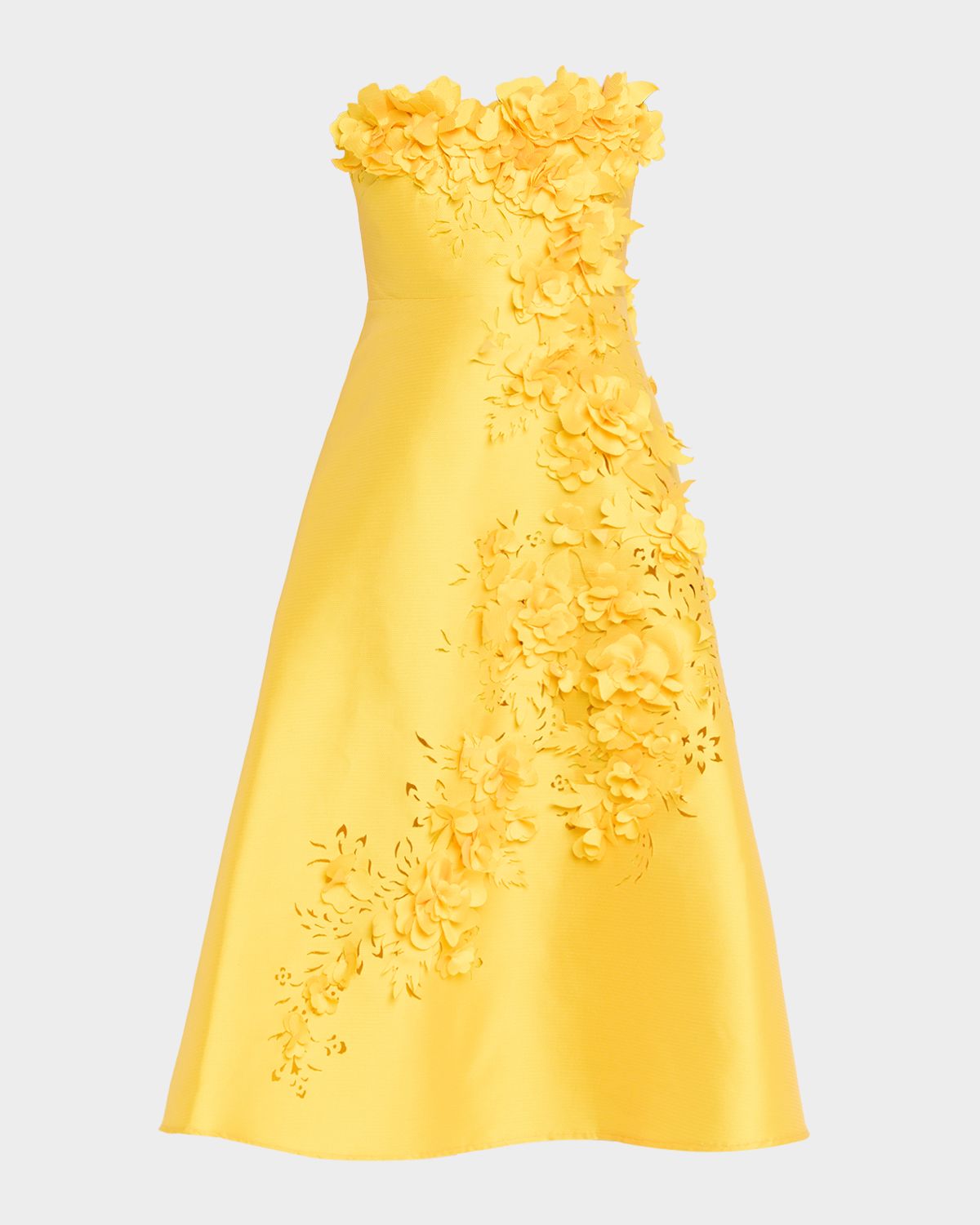 Badgley Mischka Strapless Floral Applique Gazar Midi Dress