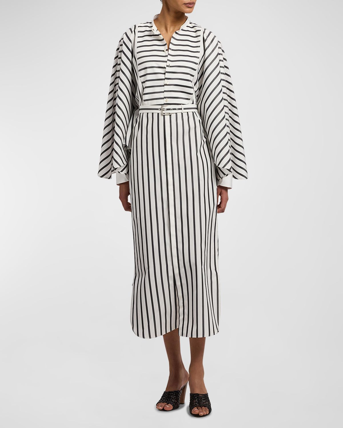 Ralph Lauren Collection Striped Flutter-Sleeve Belted Midi Shirtdress