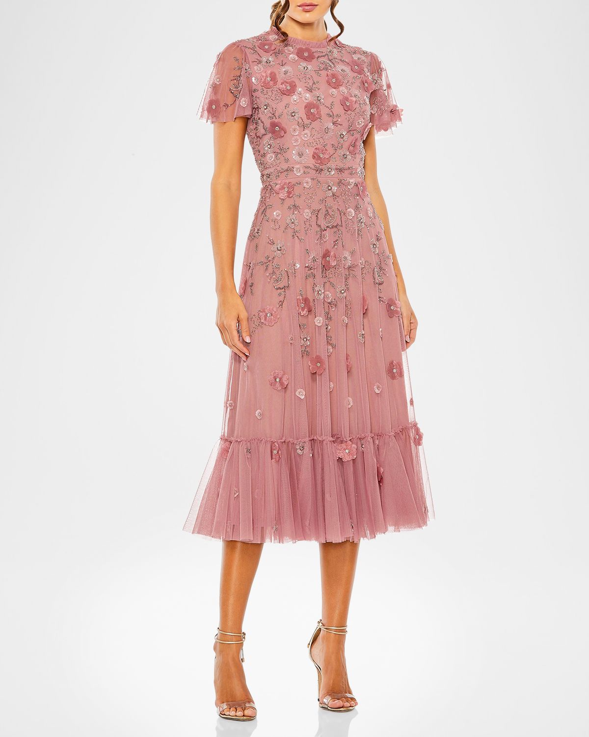Mac Duggal Floral-Embellished Tulle A-Line Midi-Dress | Thumbnail 4