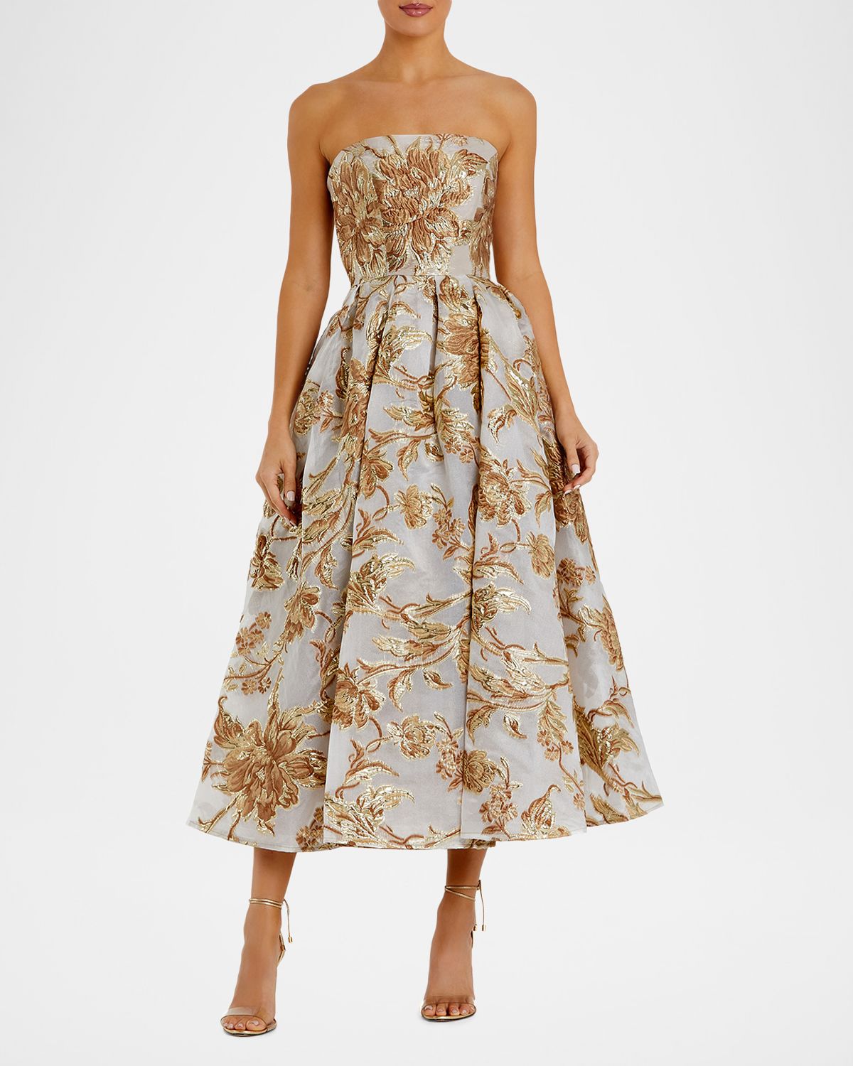 Mac Duggal Strapless Brocade Fit & Flare Midi Dress w/ Pockets