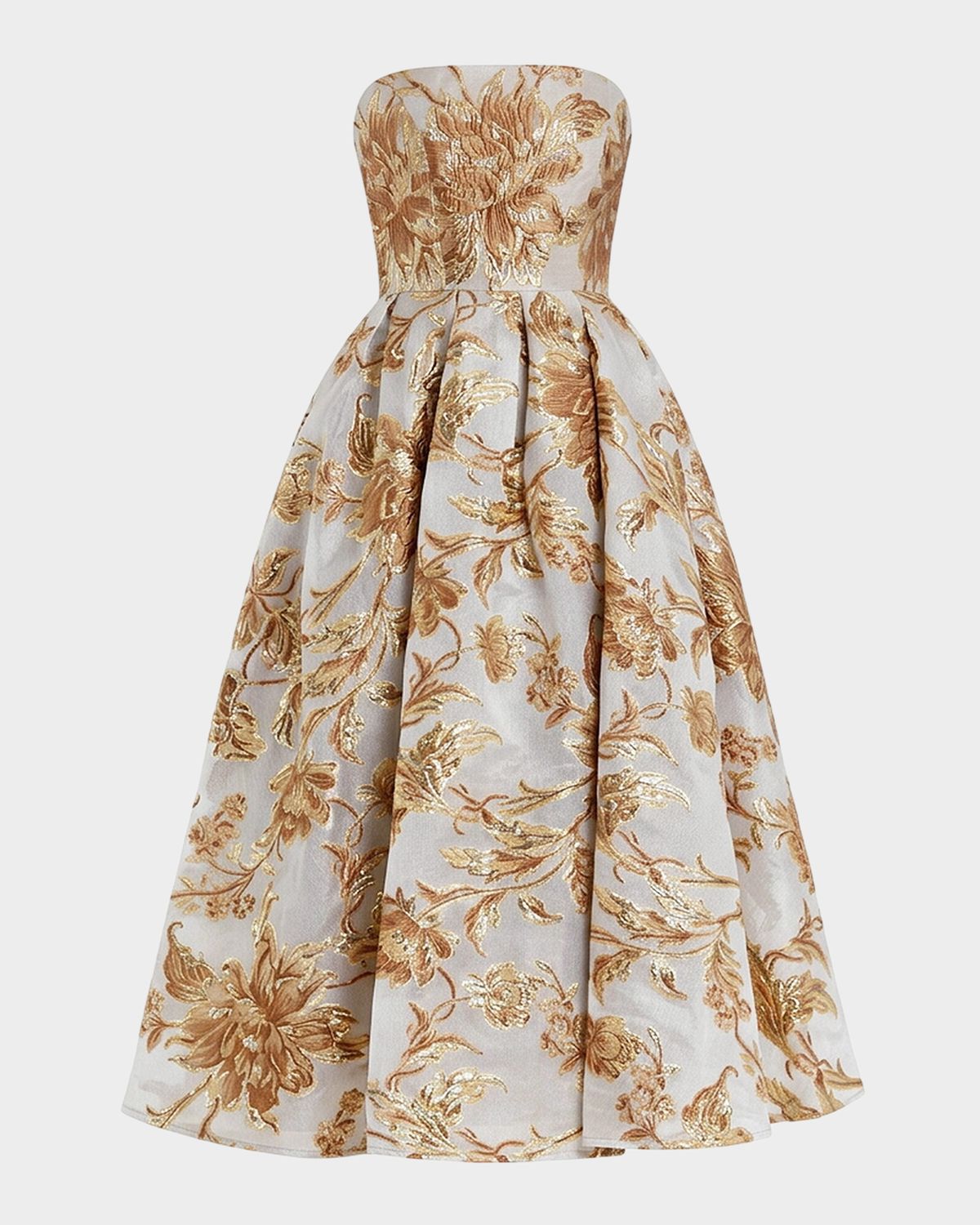 Mac Duggal Strapless Brocade Fit & Flare Midi Dress w/ Pockets