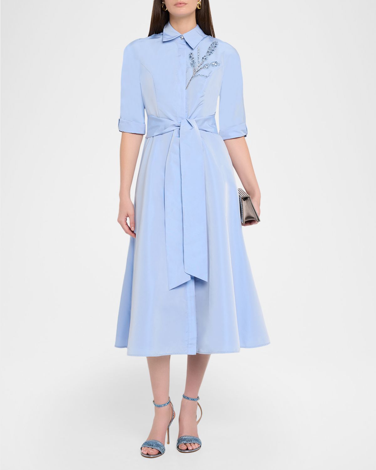 Rickie Freeman for Teri Jon Floral Beaded Taffeta Midi Shirtdress