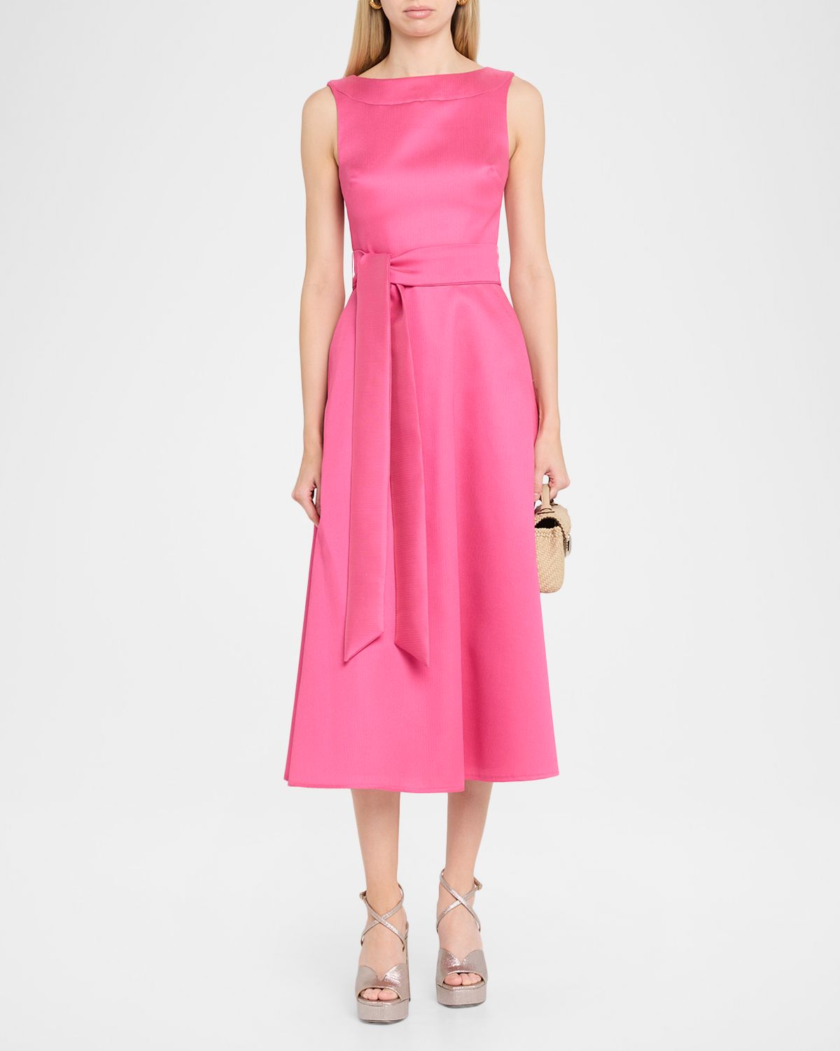Badgley Mischka Sleeveless Bateau-Neck Gazar Midi Dress