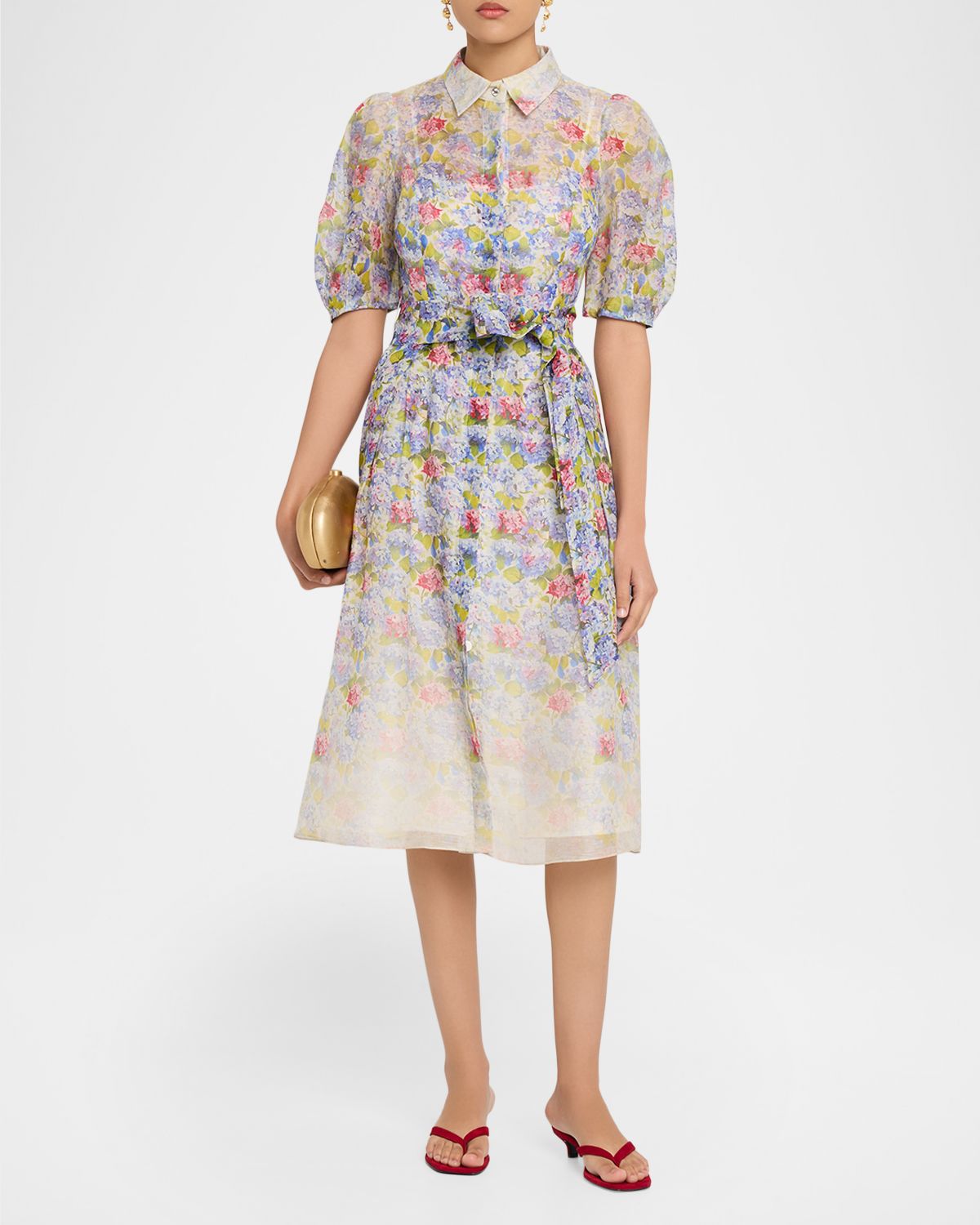 Rickie Freeman for Teri Jon Silk Linen Print Puff-Sleeve Shirtwaist Dress