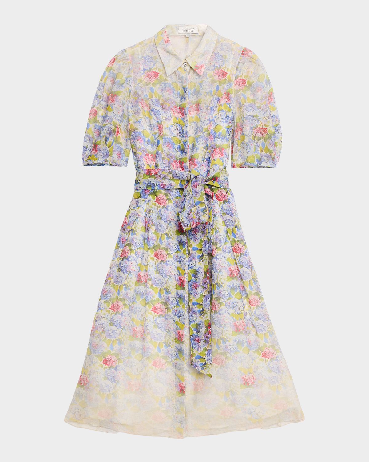 Rickie Freeman for Teri Jon Silk Linen Print Puff-Sleeve Shirtwaist Dress