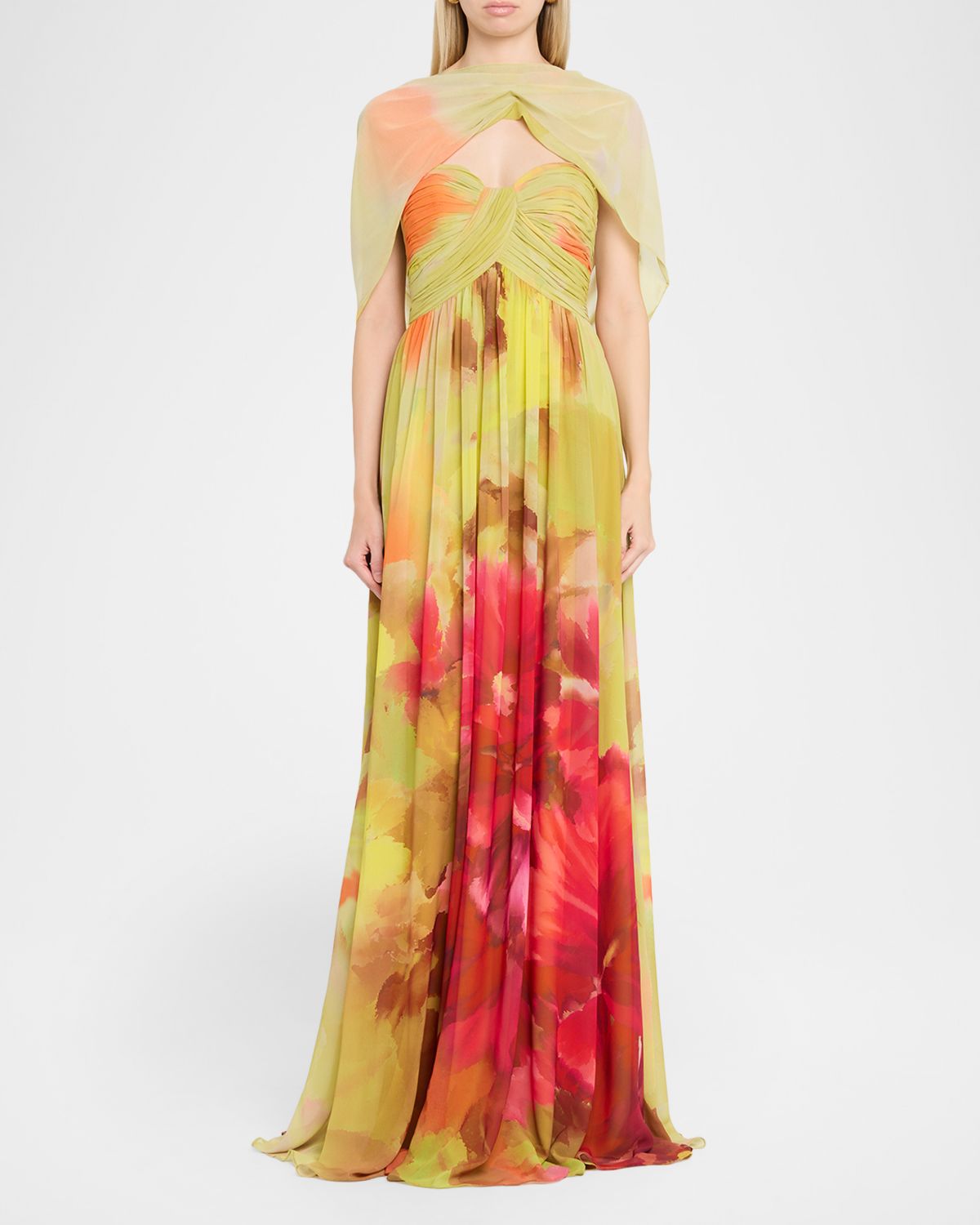 Badgley Mischka Draped Floral-Print Georgette Gown